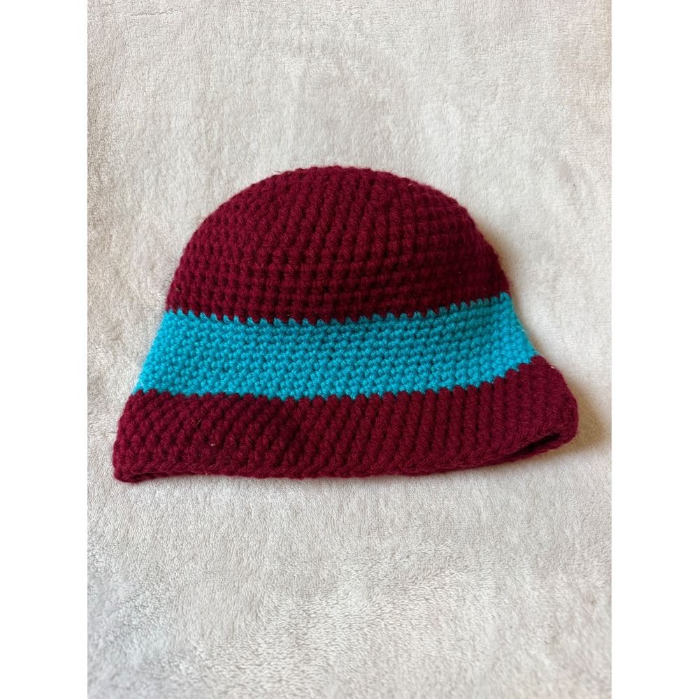 Handmade Crochet Beanie Unisex OS Burgundy Turquoise Good Striped Knit Hat